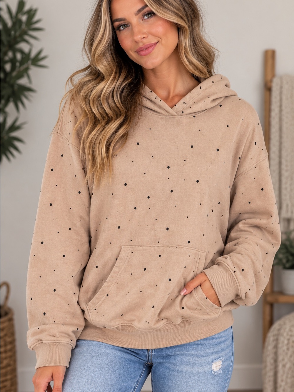 Goodfellow & Co Beige Hoodie with Black Polka Dots